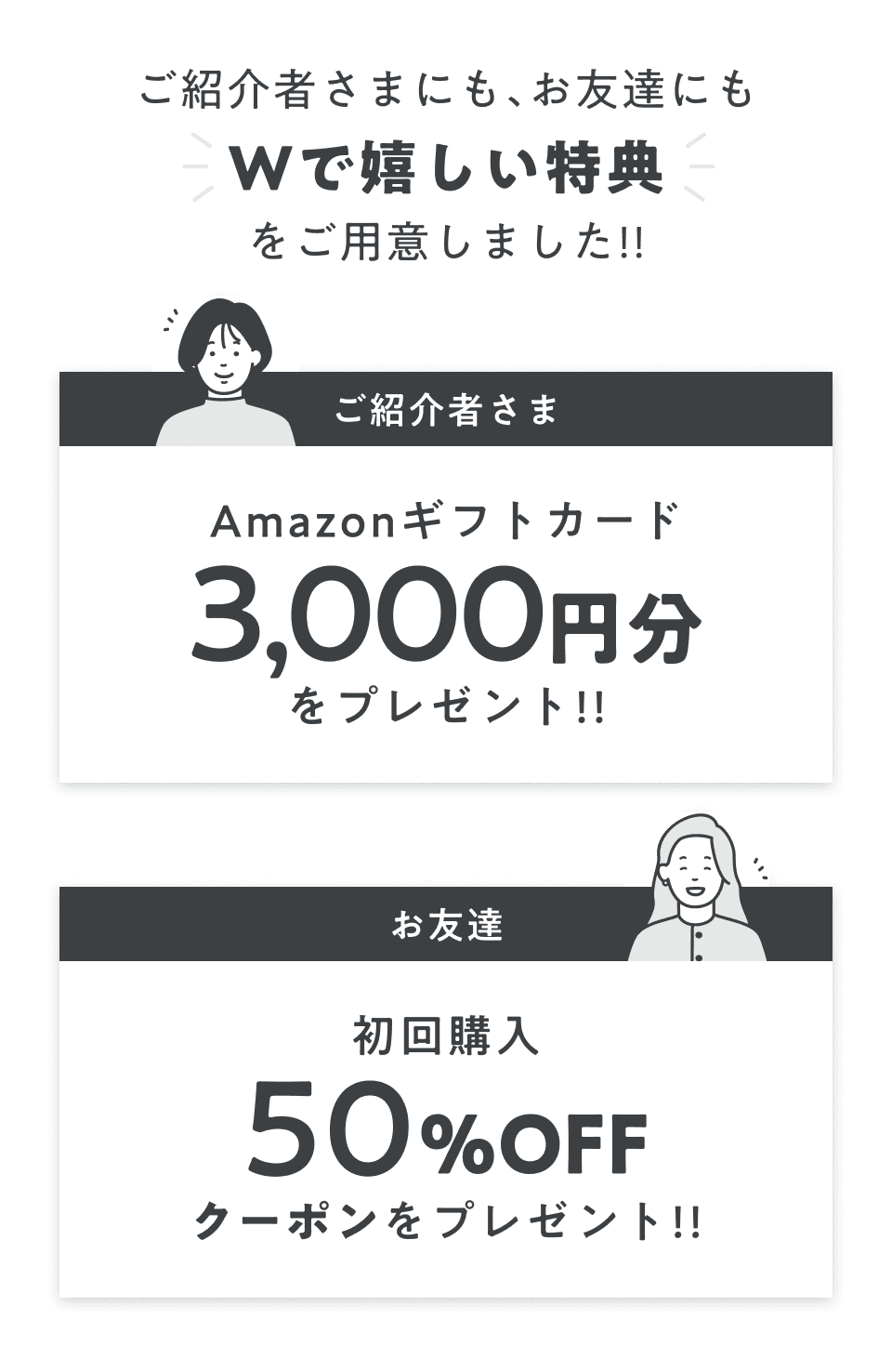 ご紹介者さまにAmazonギフトカード3,000円分、お友達に初回購入50%offクーポンプレゼント